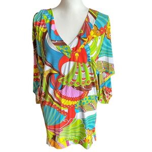 Trina Turk Tunic Dress Women's M Colorful Print Dress V Neck Tunic‎ Cover Up